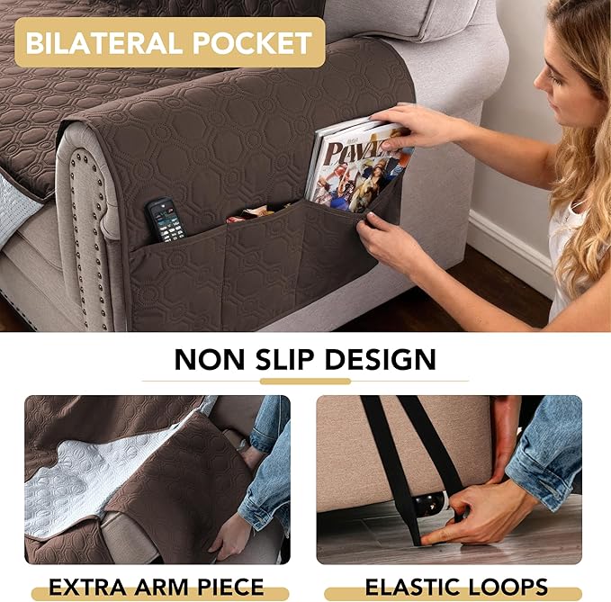 H.VERSAILTEX 100% Waterproof Couch Cover for Dogs Washable Thick Soft Love Seat Couch Covers with Storage Pocket Non Slip Furniture Protector with Elastic Straps(Loveseat, Brown)
