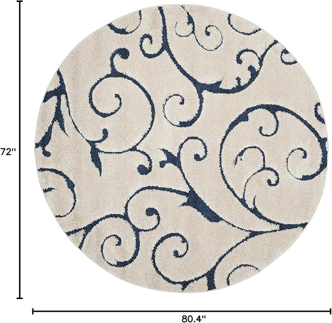 SAFAVIEH Florida Shag Collection Area Rug - 6'7" Round, Cream & Blue, Scroll Design, Non-Shedding & Easy to Clean, High-Low Plush Pile, Ideal for Living Room, Bedroom, Dining Space (SG455-1165)