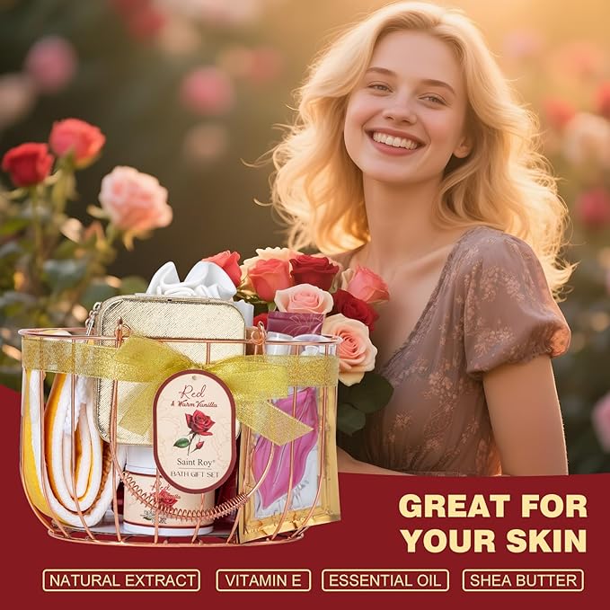 21Pcs Bath and Body Gift for Women, Vanilla Rose Bath and Body Basket Gift, XL Spa Gift Kit, Home Spa Self Care, travel accessories, Necklace, Birthday, Christmas, Mother, Bridal Shower, Anniversary