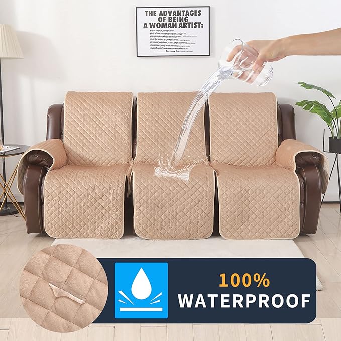 LUFEIJIASHI Velvet Recliner Covers Non Slip Waterproof Large Recliner Chair Covers for Leather Chairs Recliner Sofa Cover for Living Room (Beige, 3 Seater)