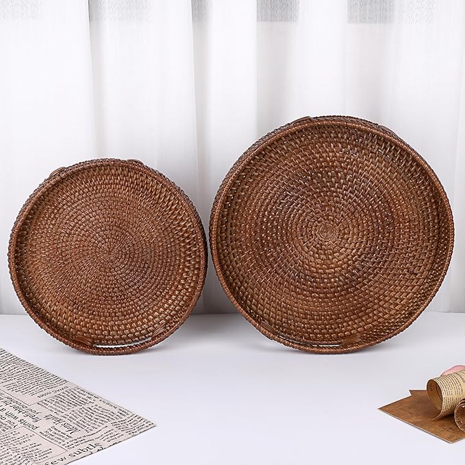 Hipiwe Rattan Round Serving Tray with Handles, Woven Decorative Basket Tray for Coffee Table, Small Wicker Ottoman Tray for Serving Breakfast Dinner Parties, Brown 10 inch