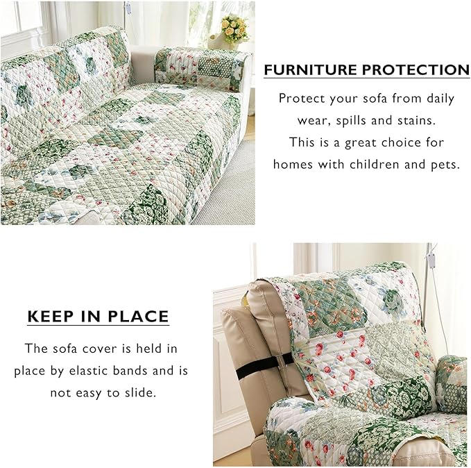 Cmfshape Skidproof Sofa Cover-Green Sofa Slipcover with Elastic Straps-Easy Fit Slip Cover-Patchwork Washable Furniture Protector for Pets and Kids(Sofa,Green)