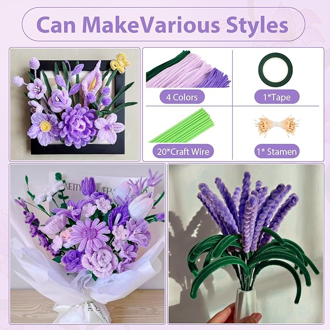 350 Piece Pipe Cleaner Craft, 4 Color Pipe Cleaners Bulk, Chenille Stems for DIY Flower Making Kits with Hot Melt Adhesive, Gardening Tape, Stamens (Purple)