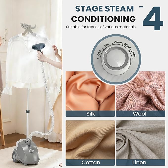 DUMOS Garment Steamer for Clothes Standing, 1500W Efficient Clothes Steamer Standing, 1.7L Water Tank for 55 Min Continuous Steaming with Wheels, Professional Fast Heating Wrinkle Remover, Grey