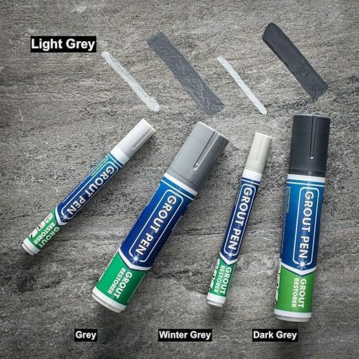 Grout Pen Tile Paint Marker: 2 Pack Light Grey with 5 Pack Replacement Tips (Narrow, 5mm) - Waterproof Grout Colorant and Sealer Pen to Renew, Repair, and Refresh Tile Grout - Cleaner Coating Stain Pe