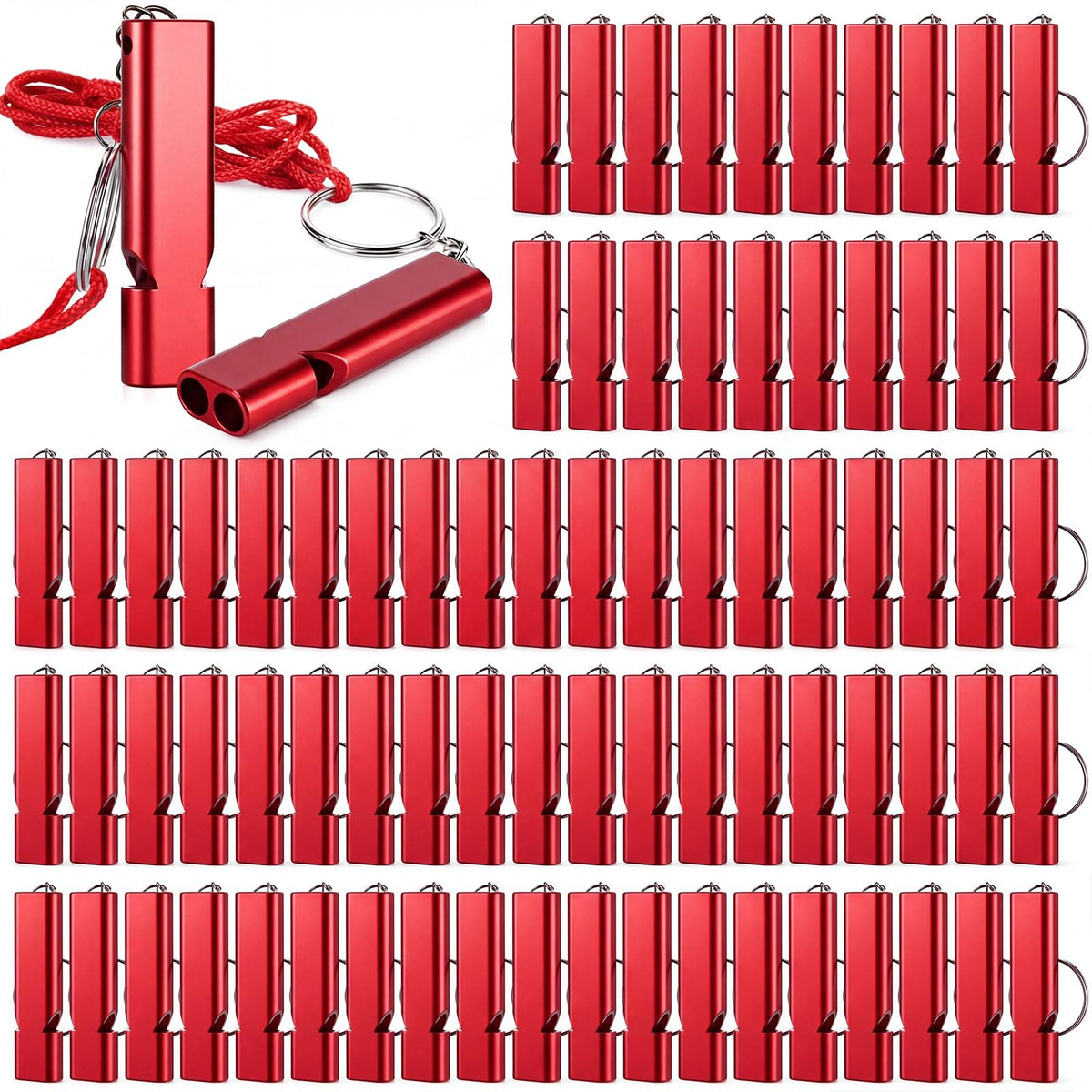 100 Pcs Aluminum Emergency Whistles Bulk with Lanyard - Image 1