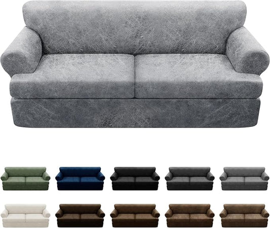 3-Pieces T Cushion Sofa Slipcovers Leather Look Couch Cover for 2 Cushion Couch Furniture Protector Stretch Sofa Cover with 2 Individual T Cushion Seat Covers Washable, Light Grey