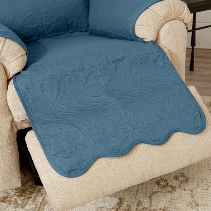 Reversible Recliner Chair Cover - Washable Slipcover Furniture Protector with Elastic Straps - Furniture Cover for Dogs, Kids, and Pets - Quilted & Stitched Detail (Recliner, Smoke Blue / Ivory)