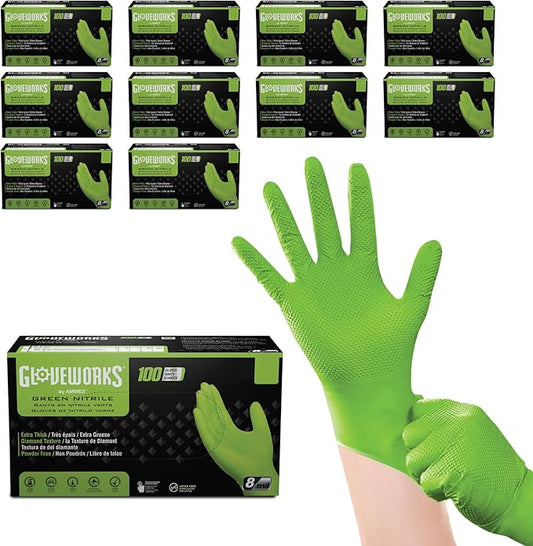GLOVEWORKS HD Green Gloves, 8 Mil Nitrile Disposable Heavy Duty Raised Diamond Grip Mechanic Glove, Bulk Purchasing Options