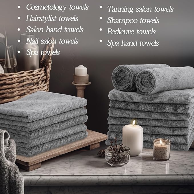 Shimeyao 50 Pack Bleach Proof Towels Microfiber Absorbent Resistant Hair Hand Towels Bulk Quick Dry for Barber Gym Bath Spa Shaving (Light Grey,16 x 29 Inch)