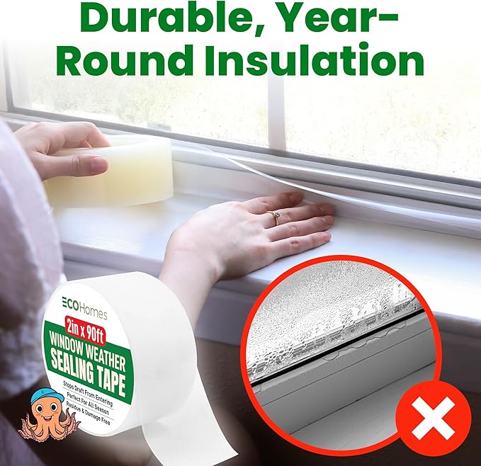 ECOHomes Window Weather Sealing Tape | Winter Weather Stripping Tape to Block Cold Drafts Through Window Gaps and AC Units, Insulation Seal and Draft Blocker for Home (2 Inch by 180 FT, Clear)