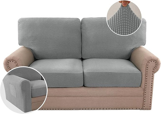 H.VERSAILTEX Multi-Pieces Sofa Covers Stretch Couch Covers Form Fitted Seats and Back Cushions Covers (2 Seat Covers Plus 2 Back Cusion Covers, Bonus 2 Armrest Covers), Dove
