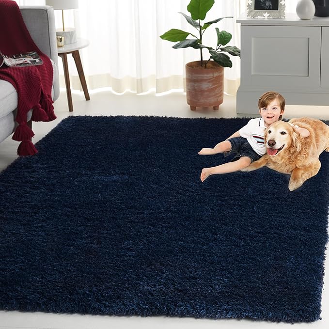 SAFAVIEH Lindsay Shag Collection Area Rug - 5'3" x 7'6", Navy, Contemporary Design, Ideal for High Traffic Areas in Living Room, Bedroom & Dining Room (LNS560N-5)