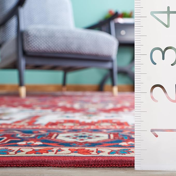 SAFAVIEH Washable Rug Tucson Collection - 2'6' x 8' Runner, Red & Blue, Slip Resistant & Easy to Clean, Ideal for Hallway, Foyer, Entryway, Bedroom (TSN101Q)