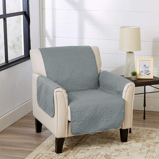 Great Bay Home Reversible Chair Cover - Washable Slipcover Furniture Protector with Elastic Straps - Furniture Cover for Dogs, Kids, and Pets - Quilted & Stitched Detail (Chair, Mirage Gray/Flax)