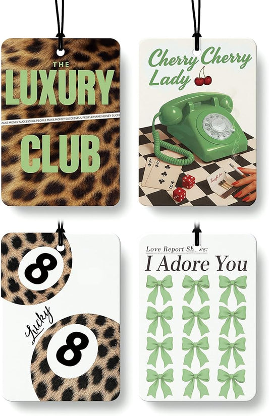 Green Coquette Bow Leopard Print Car Air Freshener 4 Pcs, Trendy Cheetah Lucky 8 Ball Hanging Air Freshener for Cars Closet Drawer Books, Girly Car Accessories Mirror Decor for Women