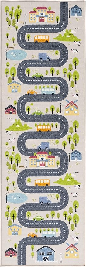 SAFAVIEH Washable Rug Kids Playhouse Collection - 2'2" x 6' Runner, Beige & Green, Slip Resistant & Easy to Clean, Ideal for Kids Room, Playroom, Nursery, Boys & Girls Room (KPH227A)