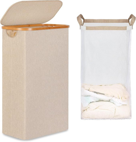 65L Slim Laundry Hamper, Narrow Laundry Basket with Lid,Foldable Clothes Hamper with Bamboo Handles,Hamper Basket with Removable Inner Bag for Laundry Room Bedroom College Dorm,Oatmeal