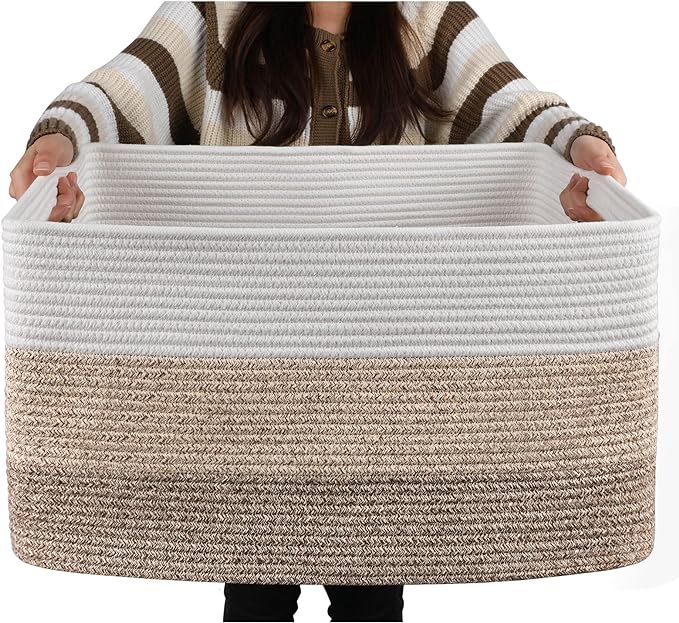 OIAHOMY Large Blanket Basket, 22”x17”x12” Rectangle Woven Baskets, Nursery Blanket Storage Living Room, Toy Storage With Handle, Large Baskets for Organizing-Gradient Yellow