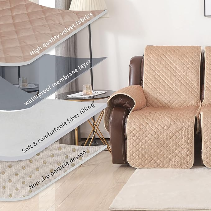 LUFEIJIASHI Velvet Recliner Covers Non Slip Waterproof Large Recliner Chair Covers for Leather Chairs Recliner Sofa Cover for Living Room (Beige, 2 Seater)