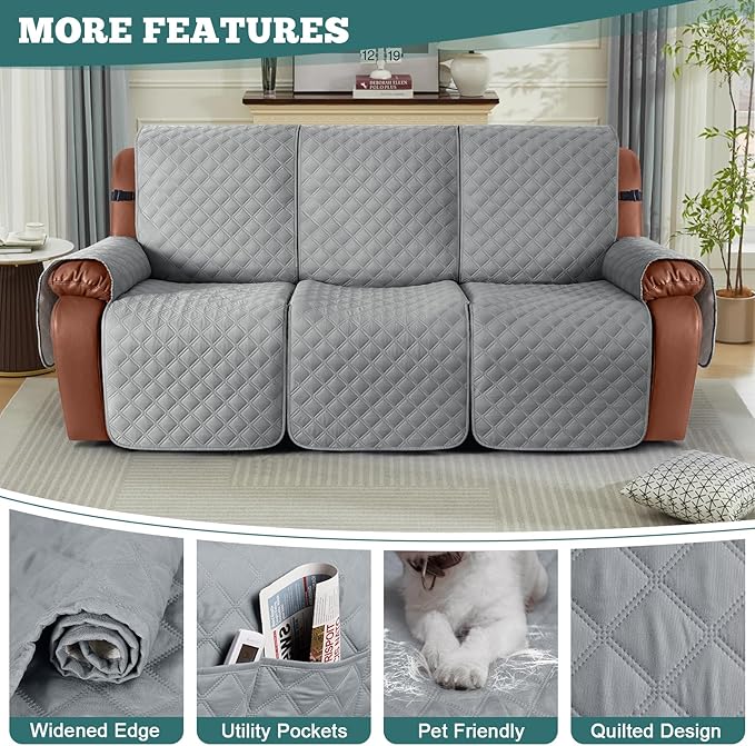 Ruaozz Waterproof Recliner Sofa Covers, 1-Piece Couch Covers for Reclining Couches Reclining Couch Cover Washable Furniture Protector with Elastic Straps Pocket for Kids Pets (Light Grey, 3 Seater)