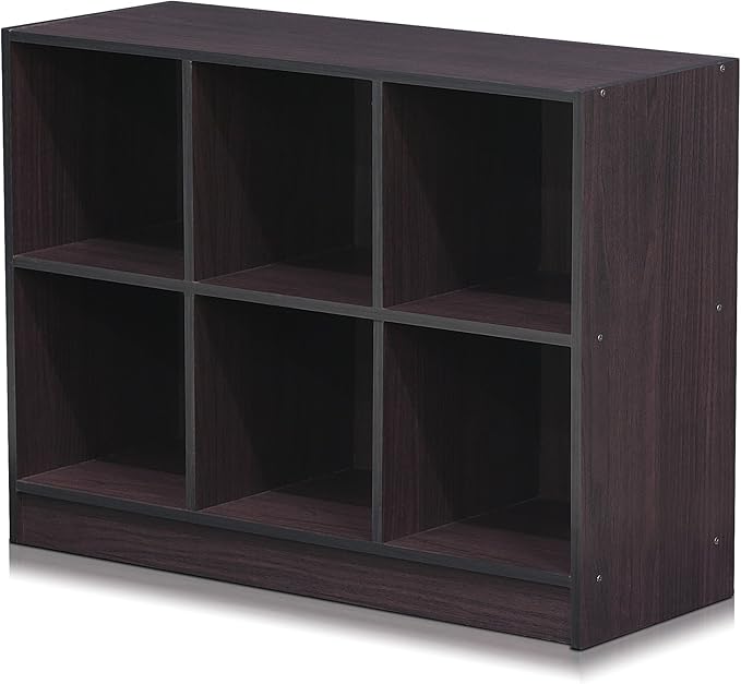 Furinno BASIC Book Shelf, 6-Cube Bookshelf with Open Shelf, 3 x 2 Bookcase with Storage Bins, Closed Back, Horizontal, 11.9" x 31.6" x 23.6", for Living Room, Bedroom, Home Office, Dark Walnut