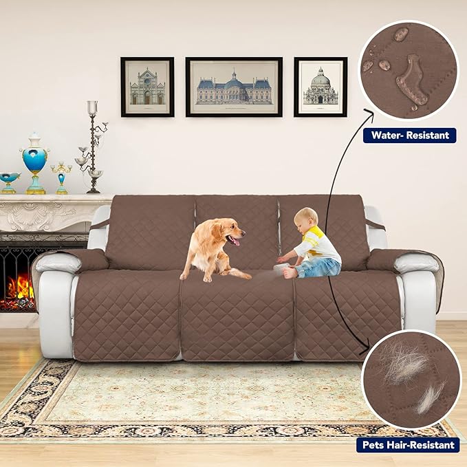 PureFit Water Resistant Reversible Sofa Covers for Reclining Sofa 3 Seat - Non Slip Split Recliner Couch Cover for 3 Cushion Couch, Washable Furniture Protector for Kids, Dogs (3 Seat, Brown/Beige)