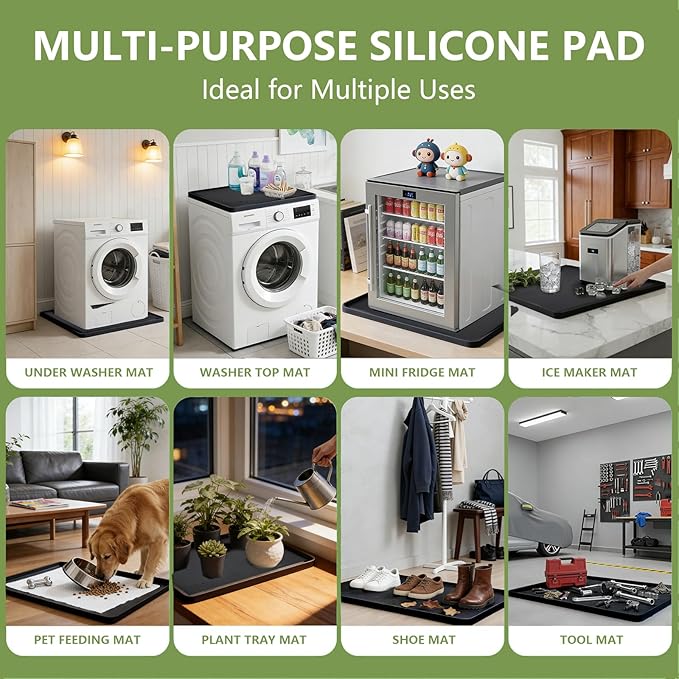 27×27×0.79inch Washing Machine Pan, With Raised Edge Washer Drip Tray, Drain Pan Silicone Mat, Foldable Portable Anti-Vibration Non-Slip Waterproof Pad, Textured Surface (Black)