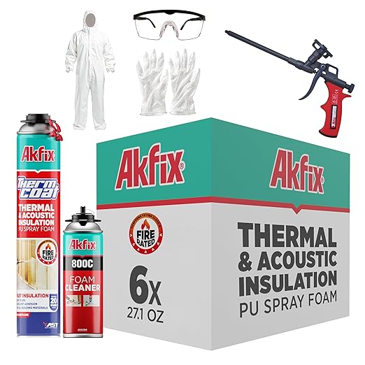 Akfix Thermcoat Fire Rated Spray Foam Insulation Kit 120 sq ft (6x27.1 oz.) - (R-Value 11.32/2 in) Closed Cell Expanding Wide Sealant Thermal Insulation for Walls and Attic - Gun & Cleaner Included