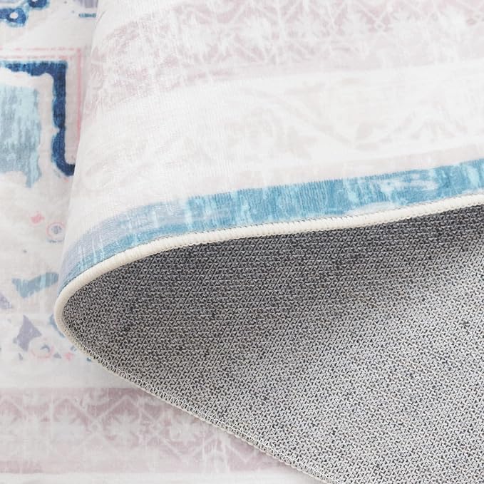 Safavieh Washable Rug Arizona Collection - 4' x 6', Ivory & Aqua, Slip Resistant & Easy to Clean, Ideal for Foyer, Kitchen, Nursery, Office, Bedroom (ARZ324A)
