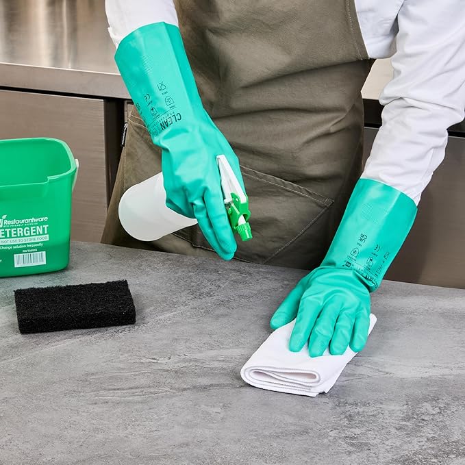 Restaurantware Green Cleaning Gloves 10 Pairs 15 Mil Thick Medium Heavy-Duty Nitrile Gloves With Long Cuff No-Latex Flock Lining For Use In Hospitals, Laboratories, Kitchens and Households
