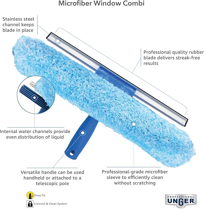 Unger Professional 14" Window Cleaning Tool: 2-in-1 Microfiber Scrubber and Squeegee & Professional Window Cleaner Scrubber Refill Sleeve, 14"