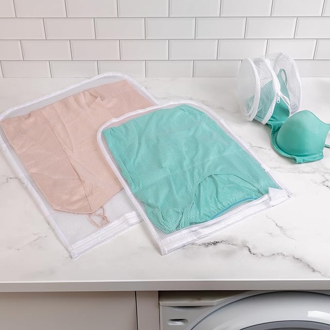 Smart Design Intimate Wash Bag w/ Safety Zipper - Washing Machine Safe - Fine Mesh Nylon Polyester - Bra, Hosiery, Pantyhose, Delicates, Lingerie, Sweater, & Baby Clothes (Set of 3) [White]