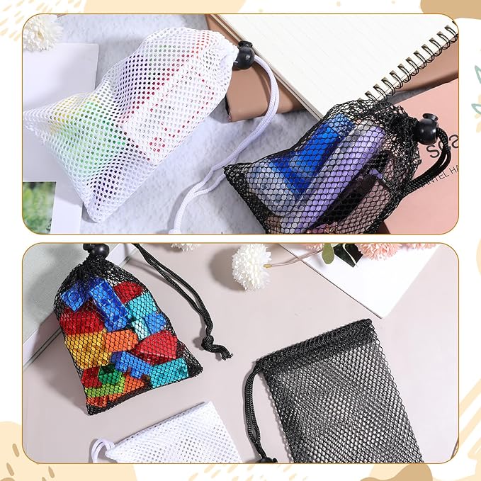 TIESOME 10 Pcs Mesh Drawstring Bags, 6" x 4" (15×10cm) Small Mesh Bag With Cord Lock Closure, Durable Breathable Net Bags For Laundry, Travel, Beach Toys, Seashell Collecting (Black, White)