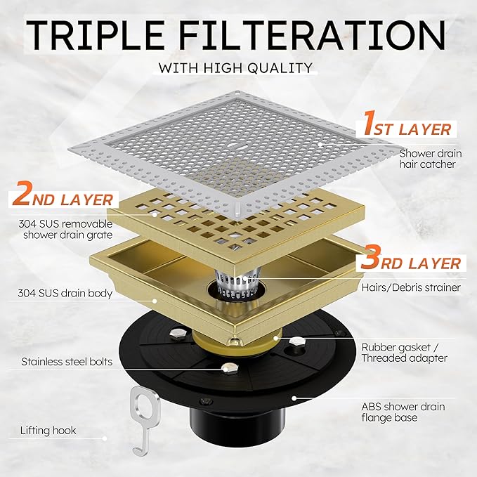 6 Inch Square Gold Shower Drain with Flange,Modern Floor Drain with Quadrato Pattern Grate Removable,SUS 304 Stainless Steel