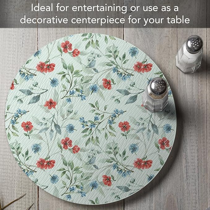 CounterArt Red White & Blue Floral 4mm Tempered Glass Lazy Susan Turntable 13" Diameter Condiment Caddy Cake Plate Pizza Server