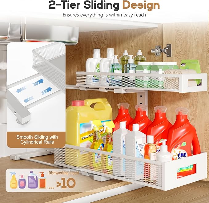 1 Pack 19IN Depth Under Sink Storage Organizer, Large 2-Tier Elegant Mesh Pull Out Shelf for Kitchen and Bathroom Cabinet Organization, L-Shaped and Adjustable Height Design-White