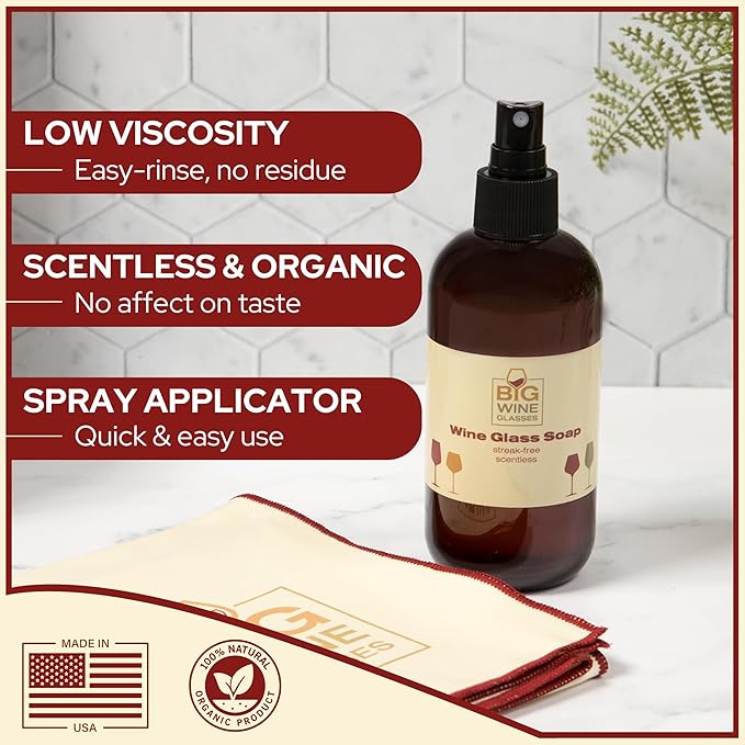 Wine Glass Cleaner & Polishing Cloth Set | 2 Organic Liquid Spray Soaps + 1 Microfiber Cleaning & Drying Towel | Streak Free and Spot Free Shine