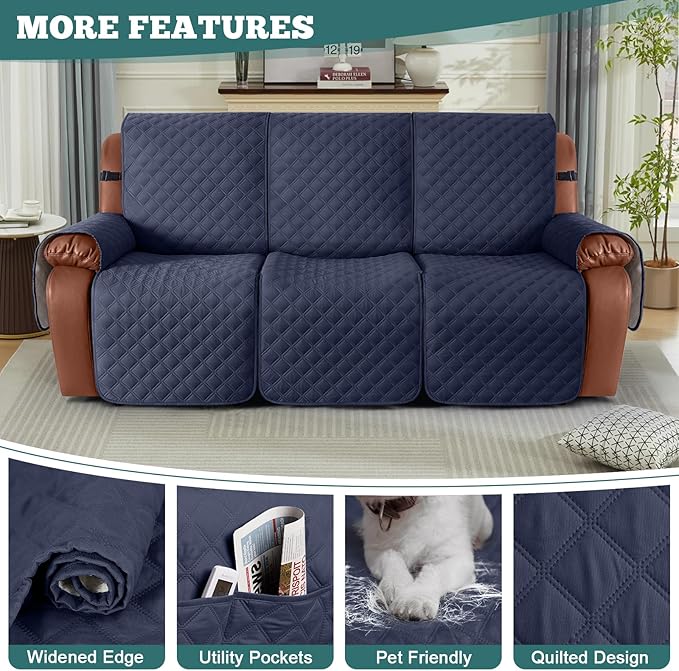 Ruaozz Waterproof Recliner Couch Covers, Sofa Slipcovers Washable 1-Piece Recliner Covers Non-Slip Furniture Protector with Elastic Straps Pocket for Kids Pets(Dark Blue, 3 Seater)