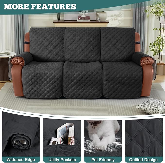 Ruaozz Waterproof Recliner Couch Covers 1-Piece Sofa Covers Washable Recliner Covers Non-Slip Furniture Protector with Elastic Straps Pocket for Kids Pets(Black, 3 Seater)