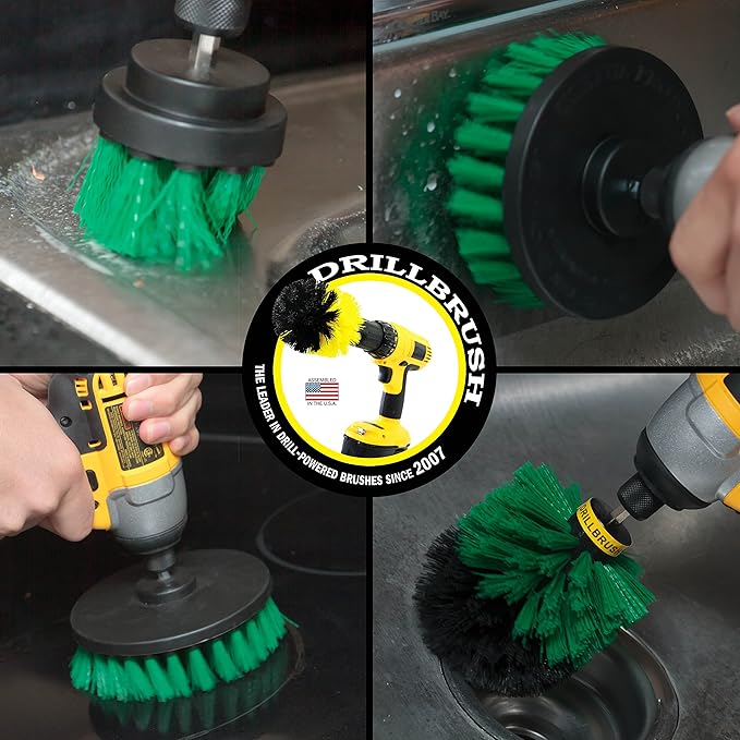 Drillbrush Variety & Medium Stiffness Green Kitchen Cleaning Kit - 7 Brushes & 3 Pads - Tile, Grout, Bathtub, Sinks & More - Nylon Bristles & Pads - 90 Day No Questions Asked Return