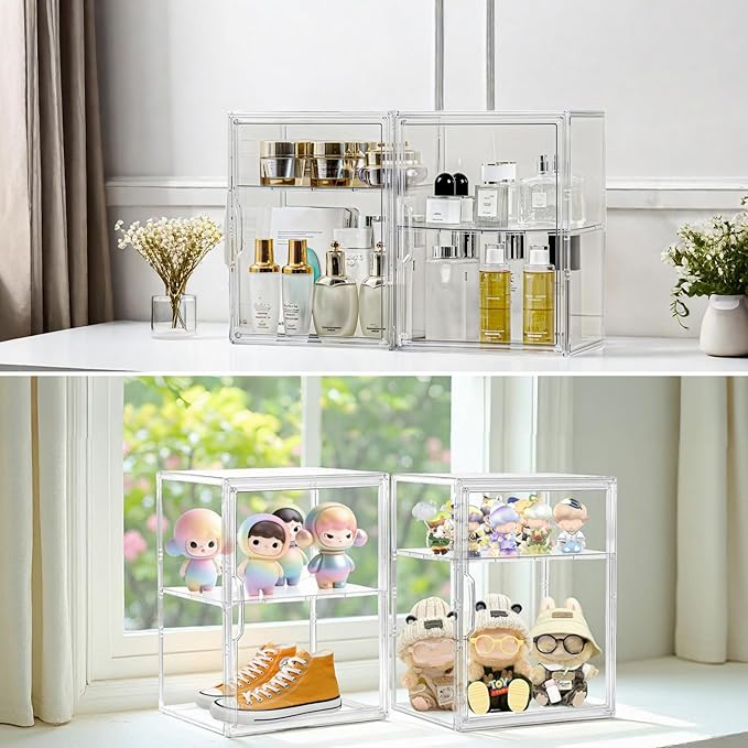 Attelite Acrylic Display Case Compatible with POP MART Labubu Display Case 4 Pack Clear Display Box with Magnetic Door for Figures Collectibles, 3 Adjustable Layers with a Removable Divider,X Large
