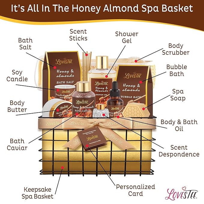 Christmas Spa Gift Baskets For Women, Honey Almond Bath and Body Set, Birthday Gift- Shower Gel, Bubble Bath, Body Butter, Bath Salt, Body Oil, Candle, Bath Caviar, Soap, Home Diffuser, Scrubber