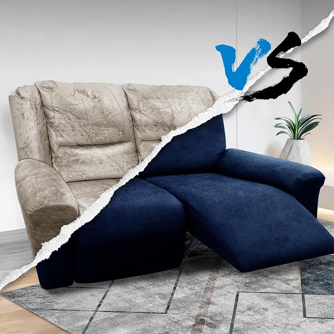 Loveseat Covers 6-Pieces Loveseat Recliner Cover 2 Seater Cover for Reclining Loveseat Cover Leather Look Recliner Slipcovers with Pockets Spandex Furniture Covers(Recliner Loveseat, Navy)