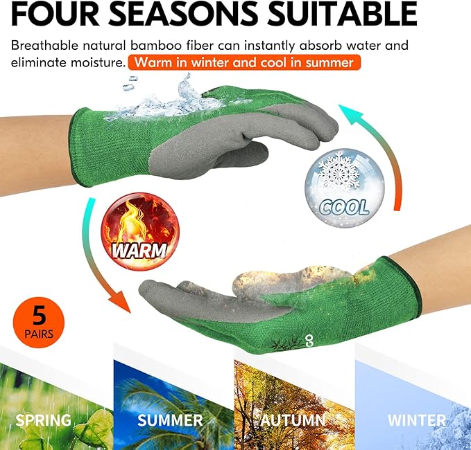 Vgo... 5Pairs Ladies' Bamboo Gardening Work Gloves (L, Green, RB6026)