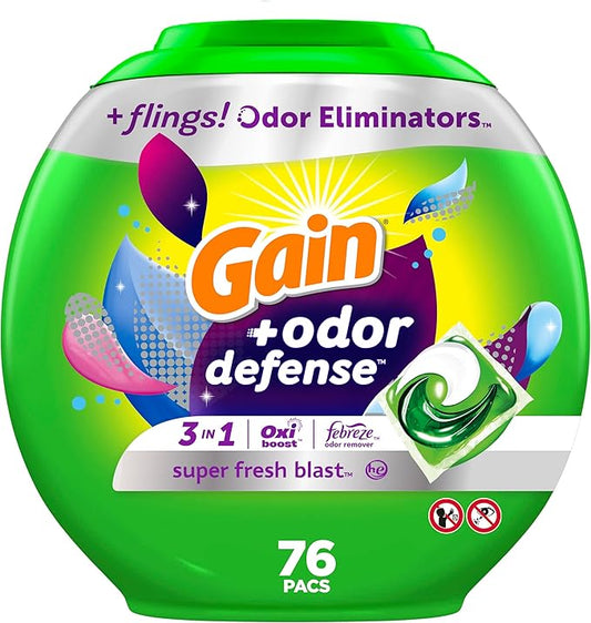 Gain Flings Laundry Detergent Pacs with Odor Defense, 76 Count, Super Fresh Blast Scent, HE 3in1 Detergent Pacs with Febreze and Oxi