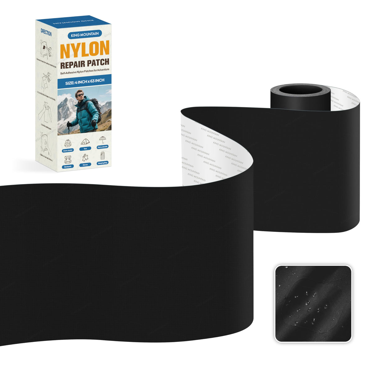 KING MOUNTAIN Self Adhesive Nylon Fabric Repair Tape, 4×63 Inches - Image 1
