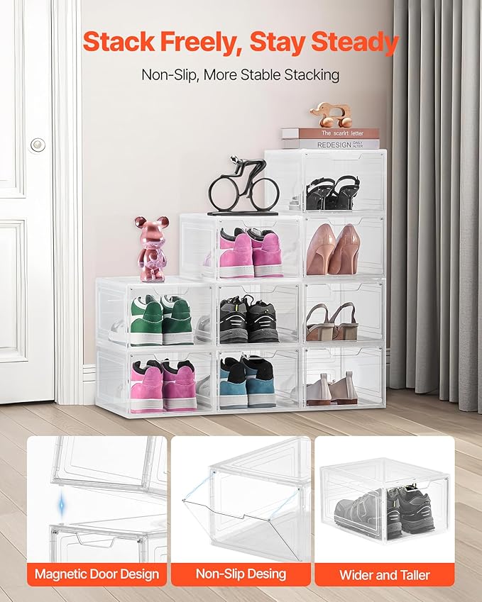 VEVOR Shoe Storage Boxes, 9 Pack Clear Stackable Shoe Boxes Storage Organizers with Magnetic Door, Fit up to US Size 13, Plastic Sneaker Containers for High Heels, Boots, and Hats, Transparent White