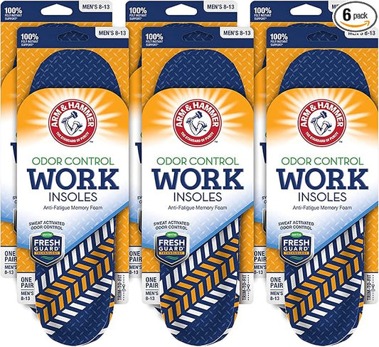 Arm & Hammer Anti-Fatigue Memory Foam Odor Insoles for Work Boots - Arch Support Boot Odor Eater Insole Inserts for Men and Women, Ideal for Plantar Fasciitis, Sole Insoles for Relief - 6 Pack