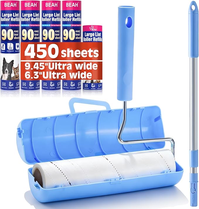 Large Lint Roller for Pet Hair Extra Sticky,10 Years Lifespan,9.45''/6.3" Pet Hair Removal Tool Roller for Dog Cat Hair,450 Sheets/5 Refills,Detachable Telescoping Extension Large Lint Remover